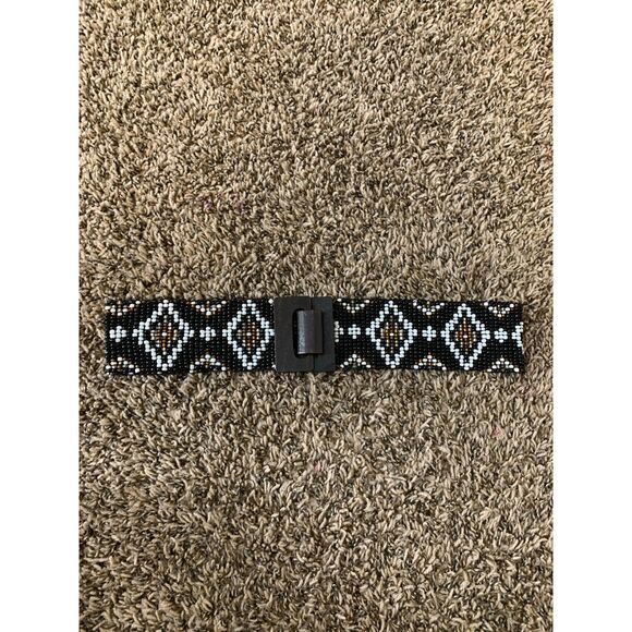 Express Beaded Mosiac Diamond Print Belt Womens Sz M Wooden Buckle Boho Western - Picture 5 of 8